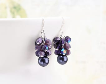 Dark Purple Cluster Earrings, Violet Glass Pearl Beaded Dangles on Silver Plated or Gold Plated Hooks, Bridesmaid Jewelry, Clip on available