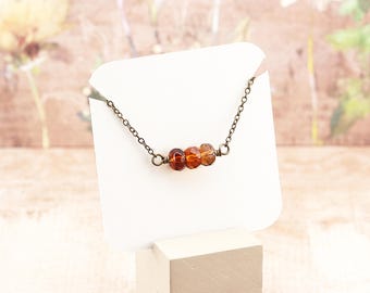 Autumn Colors Necklace, Faceted Glass Bead Bar Fixed Pendant with Antiqued Brass, Gold, or Silver Plated Chain, Layering Piece, Fall Jewelry