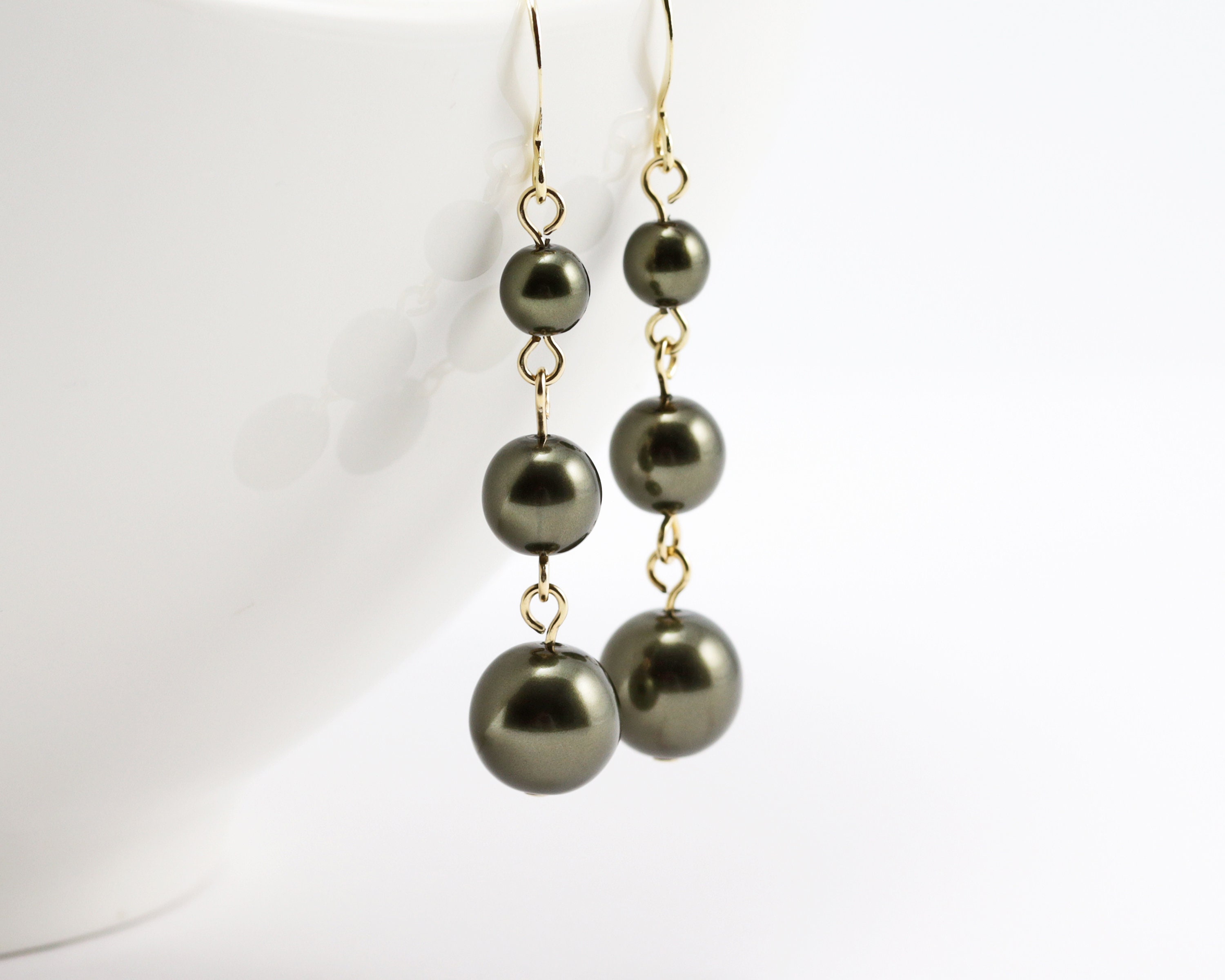 Dark Olive Green Pearl Earrings, Graduated Crystal Bead Dangle Earrings