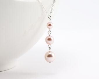 Light Pink Necklace, Graduated Crystal Pearl Pendant Necklace, Soft Blush Color, Wedding Jewelry Set