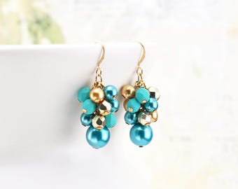 Teal & Gold Cluster Earrings, Aqua Glass Pearl Beaded Dangles with Gold Plated Hooks, Wedding Jewelry, Clip on available