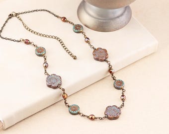 Rustic Brown & Teal Beaded Flower Necklace with Antiqued Brass Chain, Autumn Season Fashion, Czech Glass Jewelry