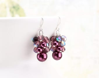 Purple Cluster Earrings, Plum Purple Glass Pearl Beaded Dangles on Silver Plated or Gold Plated Hooks, Bridesmaid Jewelry, Clip on available