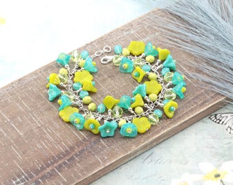 Aqua Blue, Light 'Turquoise' & Chartreuse Yellow-Green Cluster Bracelet, Bright Color Beaded Flower Bracelet, made with Czech Glass