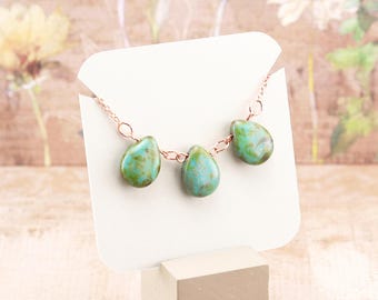 Glass Teardrop Necklace, Beachy Colors Beaded Pendant on Bright Copper Plated Chain, made with Czech Glass, Summer Fashion Jewelry