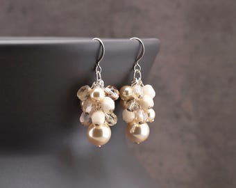Cream Cluster Earrings, Ecru Faux Pearl Beaded Dangle Earrings on Silver Plated or Gold Plated Hooks, Bridal Jewelry, Clip on available