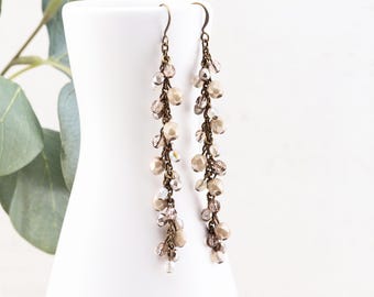 Champagne Beige Cascade Earrings, Pastel Light Brown Extra-Long Dangles in Antiqued Brass, Beaded Cluster Jewelry