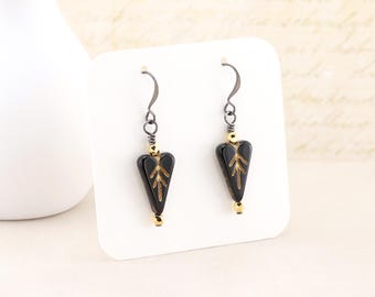 Heart Shaped Earrings, Black & Gold Czech Glass Bead Dangles with Gunmetal Hooks, Handmade Fashion Jewelry