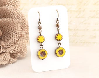 Sunny Yellow Earrings, Czech Glass Flower Beaded Dangles on Antiqued Brass Hooks, 2 inch length, Autumn Jewelry, Clip on available