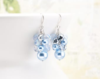 Light Blue Cluster Earrings, Crystal Pearl Beaded Dangles with Silver Plated or Gold Plated Hooks, Bridesmaid Jewelry, Clip on available