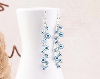 Sky Blue Earrings, Light Blue Pearl Cascading Earrings, Beaded Cluster Jewelry, Choose your metal color