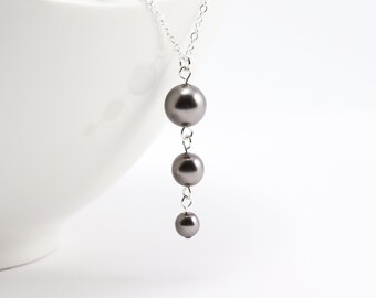 Dark Gray Necklace, Graduated Crystal Pearl Pendant Necklace, Pewter Grey Bridesmaid Jewelry Set