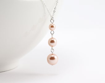 Pastel Peach Necklace, Graduated Pearl Pendant Necklace, Beaded Bridal Jewelry