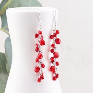May include: Silver dangle earrings with a cascade of red crystal beads.