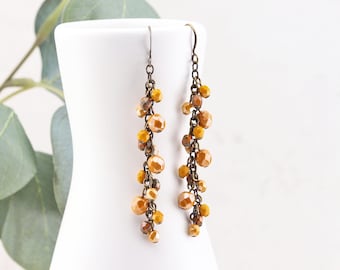 Mustard Yellow Earrings, Goldenrod Cascade Cluster Earrings, Czech Glass Bead Dangles, Fall Jewelry, Choose your metal color