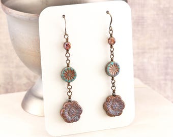 Long Rustic Brown & Teal Flower Beaded Dangle Earrings on Antiqued Brass Hooks, made with Czech glass beads, Fall Season Jewelry