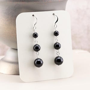 Glossy Black Earrings, Graduated Crystal Pearl Dangle Earrings, Beaded Wedding Jewelry, Choose your hook style