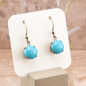 Turquoise Blue Earrings, Round Glass Rhinestone Dangle Earrings, Fashion Jewelry, Clip on available, 11mm