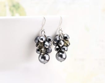 Deep Gray Cluster Earrings, Charcoal Grey Glass Pearl Beaded Dangles with Silver Plated Hooks, Winter Bridal Jewelry, Clip on available