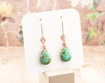 Glass Teardrop Earrings, Beachy Colors Bead Dangles on Bright Copper Plated Hooks, made with Czech Glass, Summer Fashion Jewelry