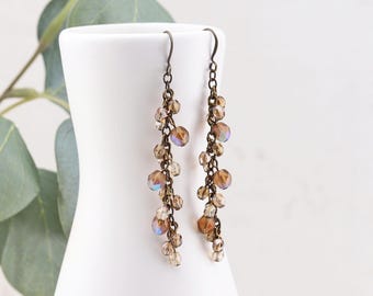 Light Brown Cascade Earrings, Smoky 'Topaz' Color Cluster Earrings, Czech Glass Bead Dangles, Fall Fashion Jewelry, Choose your metal color