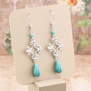 Turquoise Blue Teardrop Earrings with Silver Filigree Dangles, made with Czech Glass Beads, Clip on available