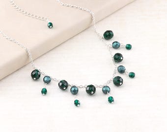 Dark Green Necklace, 'Emerald' Color Beaded Necklace on Silver Plated Chain, made with Czech Glass, Fashion Jewelry
