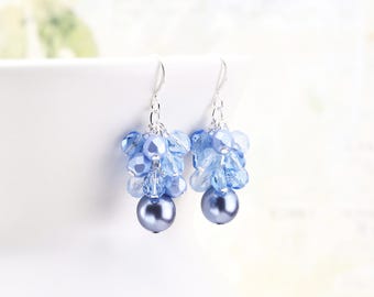 Cornflower Blue Earrings, Glass Pearl Beaded Cluster Dangle Earrings with Silver or Gold Plated Hooks, Bridesmaid Jewelry, Clip on available