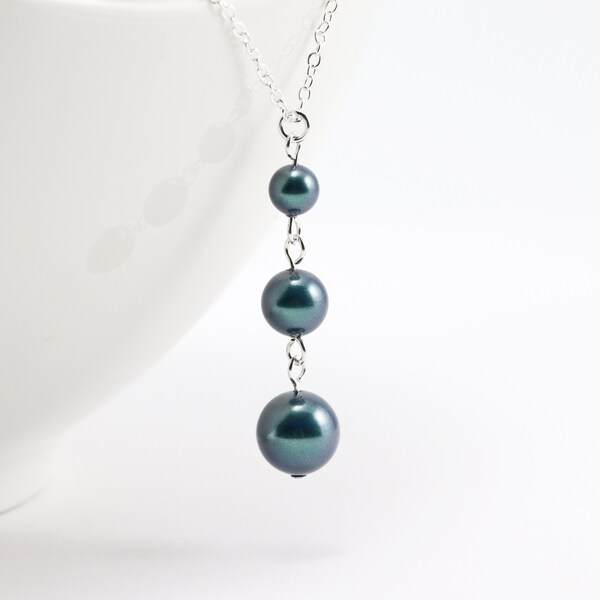 Dark Teal Pearl Necklace, Graduated Crystal Pearl Pendant Necklace, Blue Green Bridesmaid Jewelry