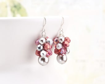Pink & Gray Cluster Earrings, Silver Color Glass Pearl Beaded Dangle Earrings with Silver Plated Hooks, Bridal Jewelry, Clip on available