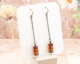 Autumn Colors Earrings, Faceted Glass Beaded Chain Dangle Earrings with Antiqued Brass, Gold, or Silver Plated Hooks, Fall Fashion Jewelry