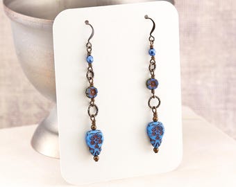 Blue Owl & Flower Beaded Long Dangle Earrings on Antiqued Brass Hooks, made with Czech glass, 3-inch length, Rustic Nature Themed Jewelry