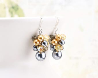 Gray & Gold Cluster Earrings, Dark Silver Glass Pearl Beaded Dangle Earrings with Silver Plated Hooks, Bridal Jewelry, Clip on available