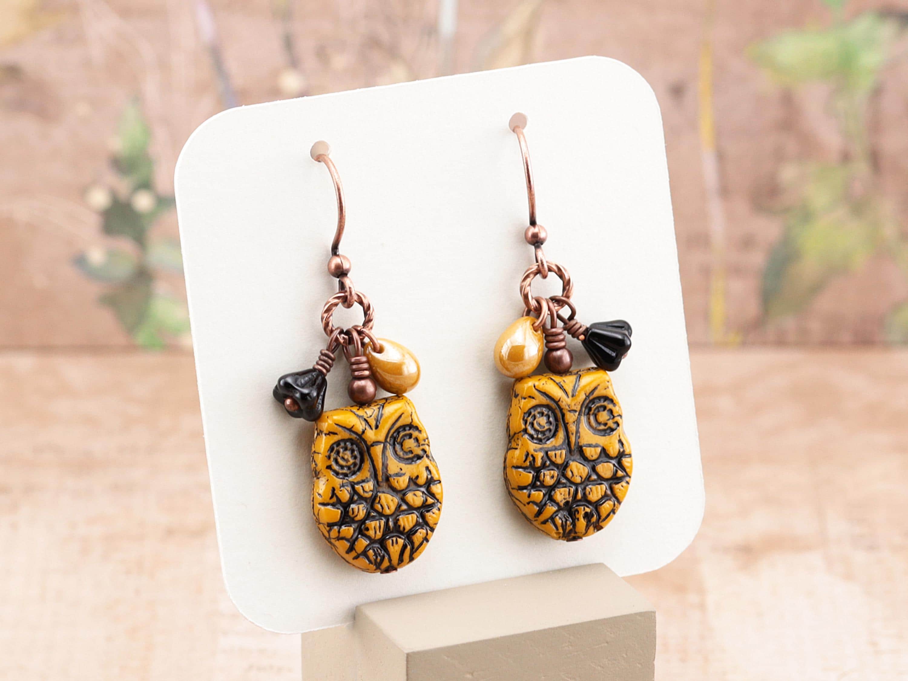 Autumn Owl Earrings, Dark Mustard Yellow Bead Dangle Earrings on Antiqued Copper Hooks, made with Cz