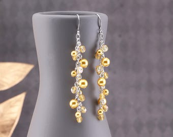 Buttercup Yellow Earrings, Long Cascading Pearl Earrings, Beaded Cluster Jewelry, Clip on available