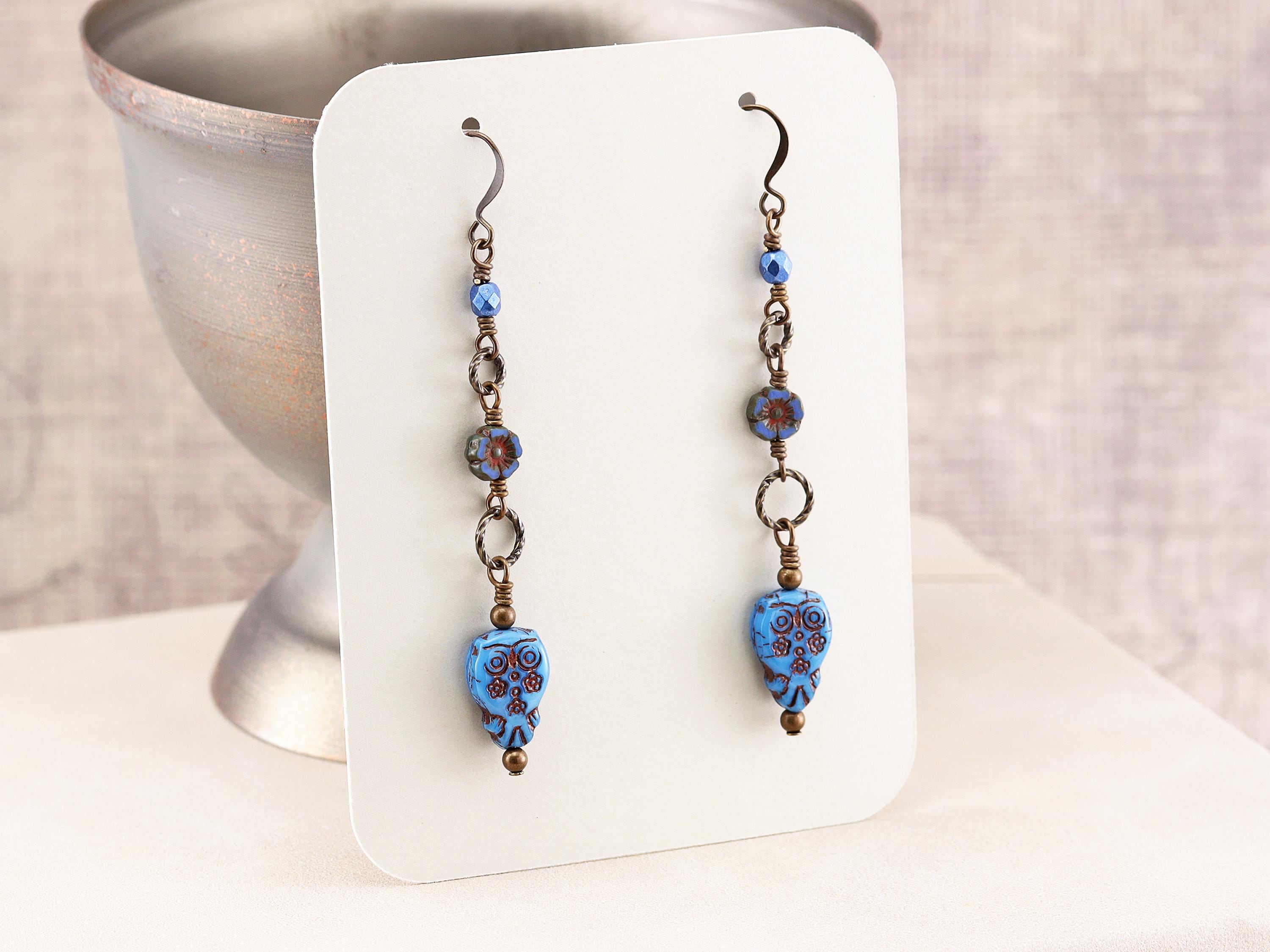 Long Blue Owl & Flower Beaded Dangle Earrings on Antiqued Brass Hooks, made with Czech glass bea