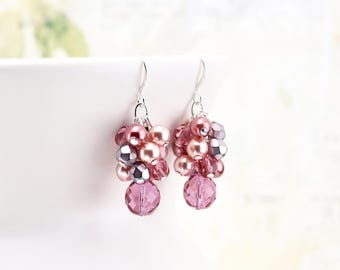 Dusty Rose Cluster Earrings, Mauve Pink Beaded Dangle Earrings on Silver Plated or Gold Plated Hooks, Bridesmaid Jewelry, Clip on available
