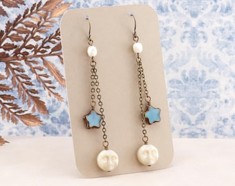 Moon and Stars Extra Long Dangle Earrings, Creamy White and Dusty Blue Bead Chain Dangles, made with Czech Glass, Celestial Jewelry