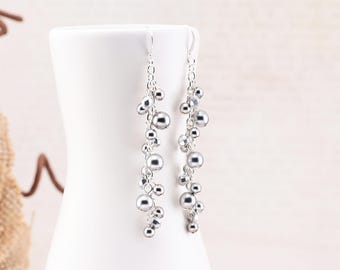 Long Gray Cascade Earrings, Silver Pearl Dangle Earrings, Beaded Cluster Jewelry, Choose your hook style