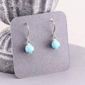 Light Pastel Blue Earrings, Very Small Opaque Soft Blue Round Glass Rhinestone Dangle Earrings, Simple Jewelry, Clip on available, 6mm