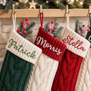 Personalized Embroidered Christmas Stocking, Cable Knit Family Stocking with Name, 2026 Custom Knitted Xmas Stocking, Holiday Gift