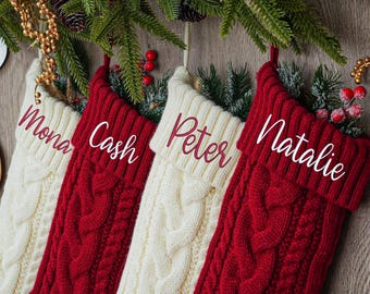 Cable Knit Christmas Stocking, Personalized Embroidered Name Stocking, Custom Family Xmas Stocking, Fireplace Mantel Holiday Decor, Gift