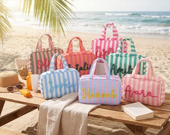 Custom Expandable Toiletry Bag for Women, Foldable Travel Makeup Bag, Monogram Striped Cosmetic Organizer, Bridesmaid Beach Gift Pouch