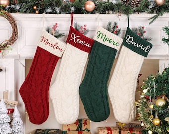 Personalized Christmas Stocking with Name, Embroidered Knit Stocking, Custom Family Holiday Stocking, Kids Xmas Gift, Fireplace Mantel Decor