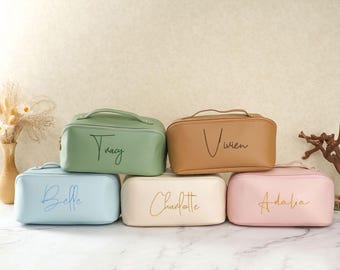 Leather Embroidered Makeup Bag,Custom Cosmetic Bag with Name,Large Capacity Cosmetic Bag,Bridesmaid Gift,Makeup Organizer,Bridal Shower Gift