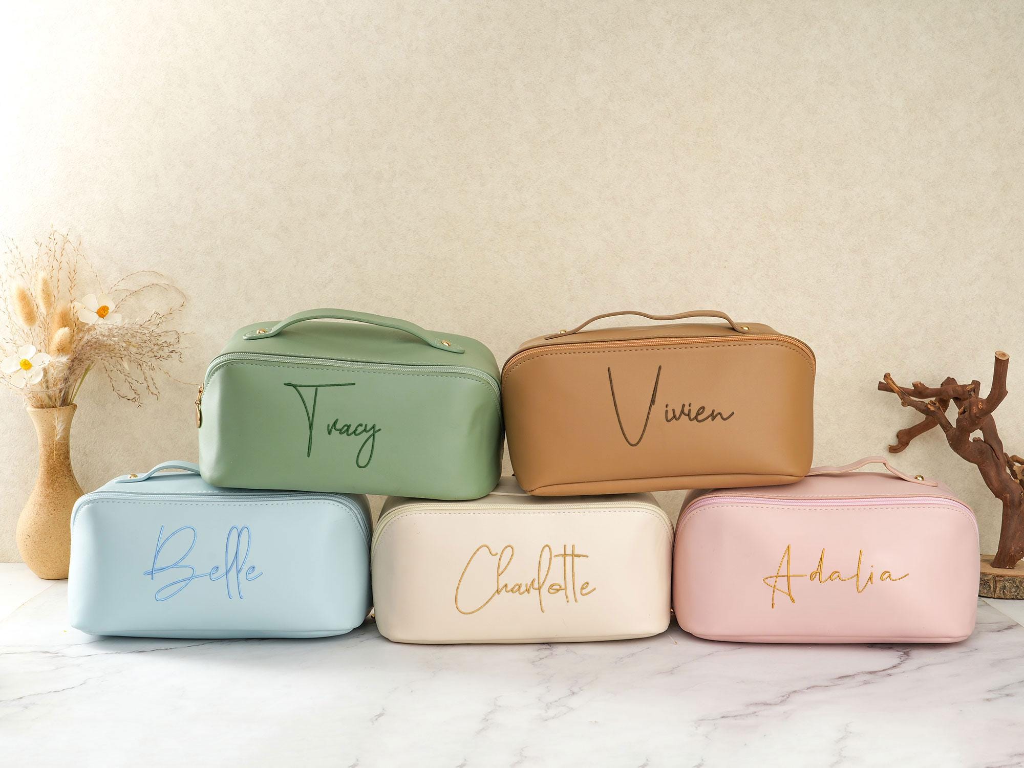 Leather Embroidered Makeup Bag,Custom Cosmetic Bag with Name,Large Capacity Cosmetic Bag,Bridesmaid Gift,Makeup Organizer,Bridal Shower Gift