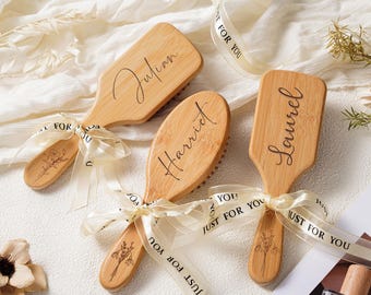 Personalized Bamboo Hair Comb, Engraved Bridesmaid Gift