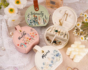 Custom Birth Flower Leather Travel Jewelry Box, Personalized Gift