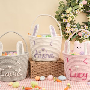 Easter Bunny Baskets For kid,Bunny Ear Rope Basket,Personalized Easter Basket,Easter Egg Hunt Basket,Easter Bucket,Rope Cotton Gift Basket