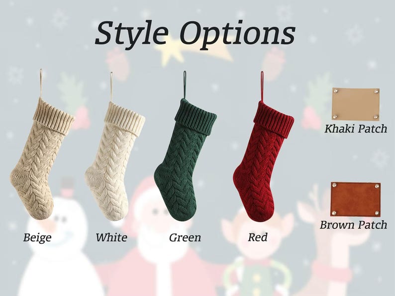 Puede incluir: La imagen muestra cuatro calcetines navide&ntilde;os de punto trenzado en beige, blanco, verde y rojo, con pu&ntilde;os a juego. La imagen tambi&eacute;n muestra dos parches de cuero, uno caqui y otro marr&oacute;n, con el texto "Style Options" en la parte superior.